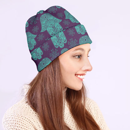 Turquoise Hamsa Pattern Print Beanie