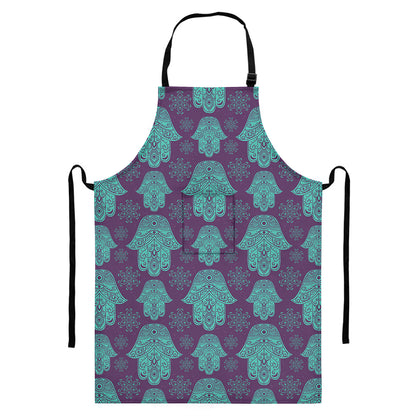Turquoise Hamsa Pattern Print Bib Apron With Pocket