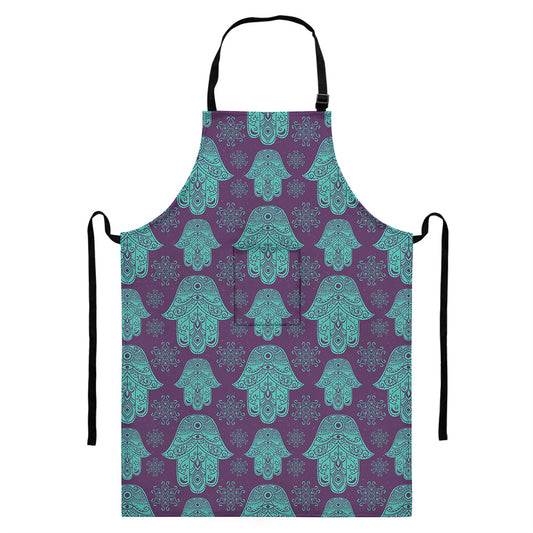 Turquoise Hamsa Pattern Print Bib Apron With Pocket