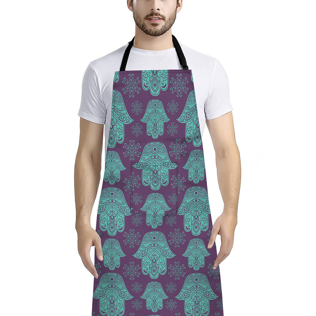 Turquoise Hamsa Pattern Print Bib Apron With Pocket