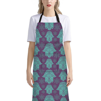Turquoise Hamsa Pattern Print Bib Apron With Pocket
