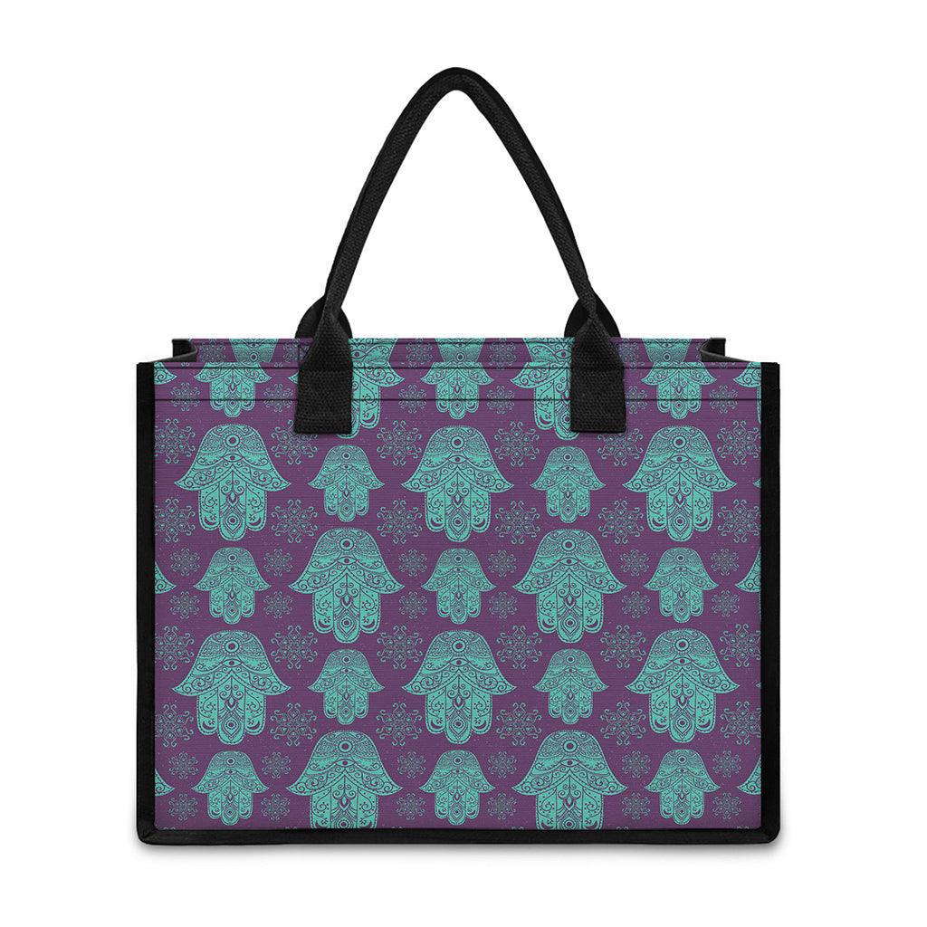Turquoise Hamsa Pattern Print Canvas Tote Bag