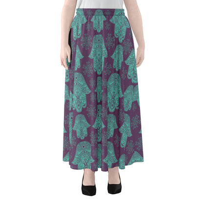 Turquoise Hamsa Pattern Print Chiffon Maxi Skirt