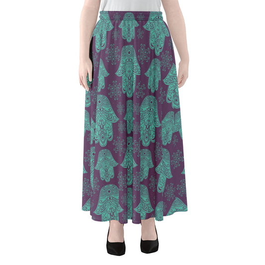 Turquoise Hamsa Pattern Print Chiffon Maxi Skirt