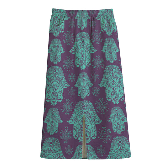 Turquoise Hamsa Pattern Print Cotton Front Slit Maxi Skirt