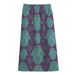 Turquoise Hamsa Pattern Print Cotton Front Slit Maxi Skirt