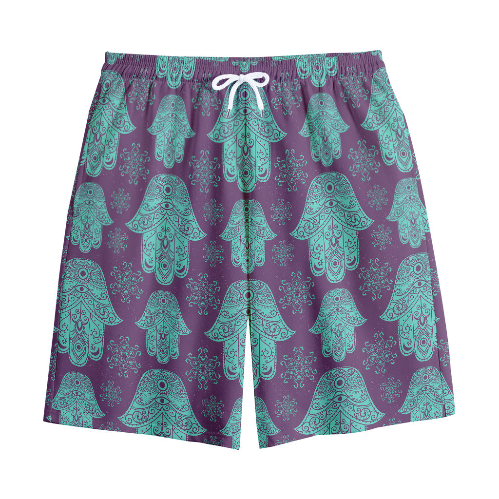 Turquoise Hamsa Pattern Print Cotton Shorts