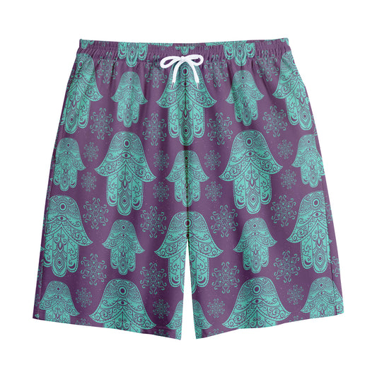 Turquoise Hamsa Pattern Print Cotton Shorts