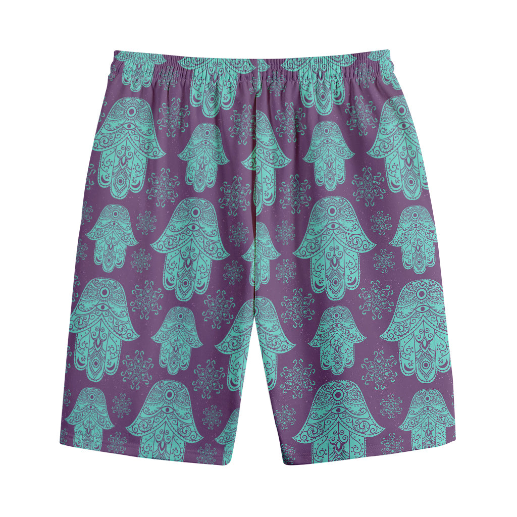 Turquoise Hamsa Pattern Print Cotton Shorts
