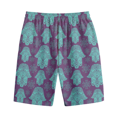 Turquoise Hamsa Pattern Print Cotton Shorts