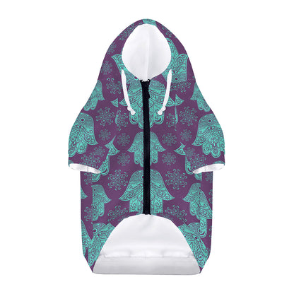 Turquoise Hamsa Pattern Print Dog Zip Up Hoodie