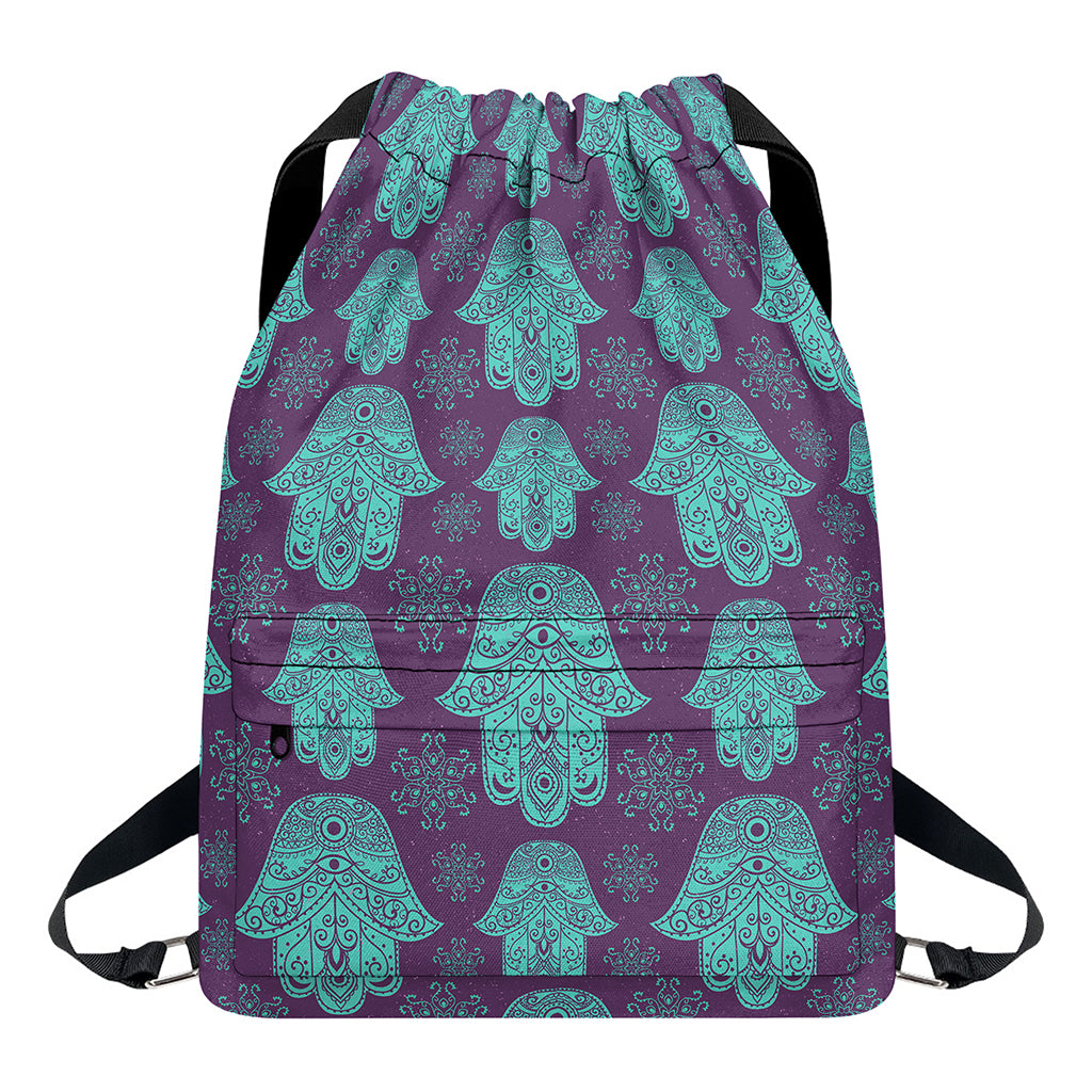 Turquoise Hamsa Pattern Print Drawstring Backpack