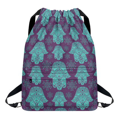 Turquoise Hamsa Pattern Print Drawstring Backpack