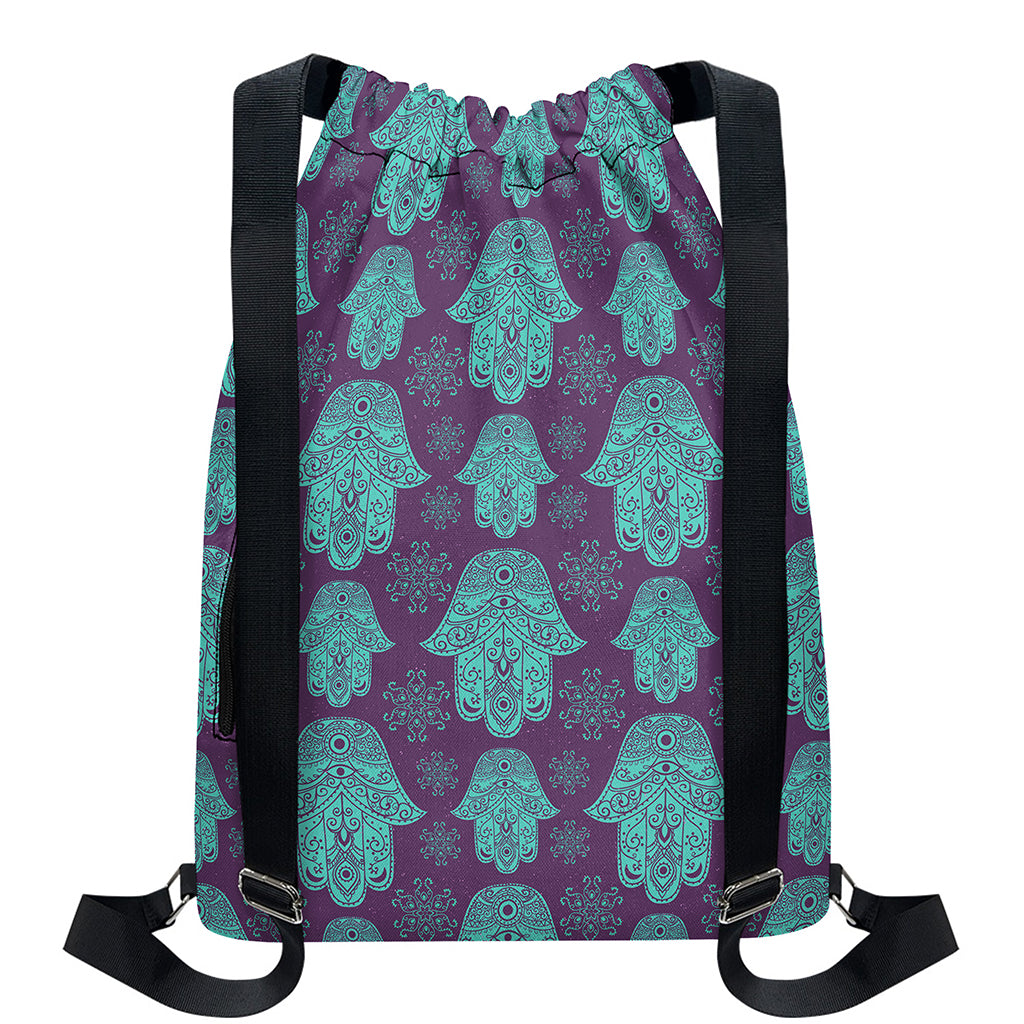 Turquoise Hamsa Pattern Print Drawstring Backpack