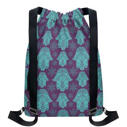 Turquoise Hamsa Pattern Print Drawstring Backpack