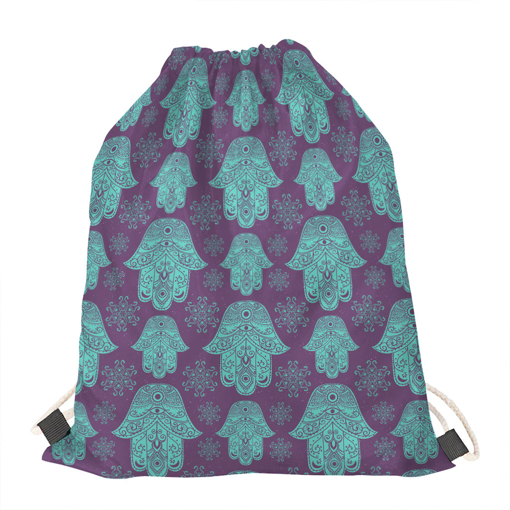 Turquoise Hamsa Pattern Print Drawstring Bag