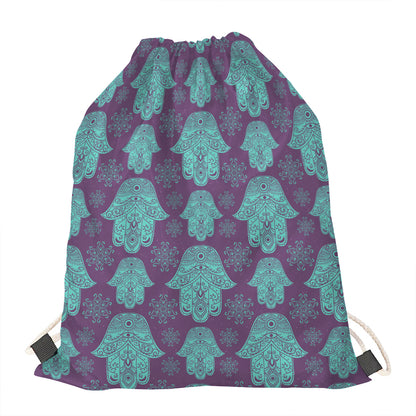 Turquoise Hamsa Pattern Print Drawstring Bag