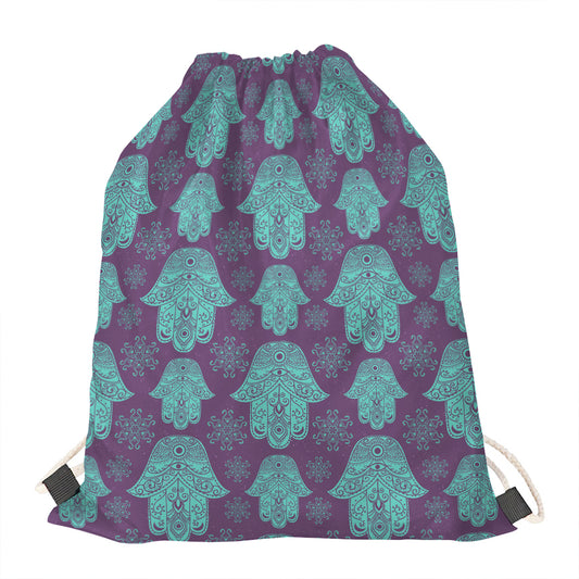 Turquoise Hamsa Pattern Print Drawstring Bag