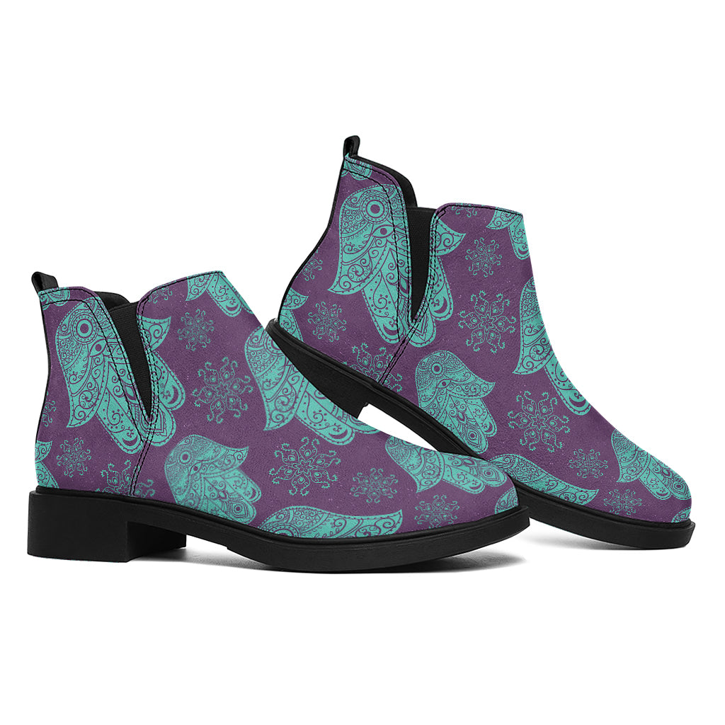Turquoise Hamsa Pattern Print Flat Ankle Boots