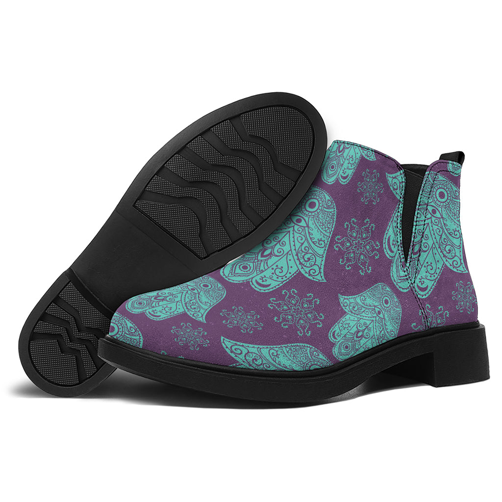 Turquoise Hamsa Pattern Print Flat Ankle Boots