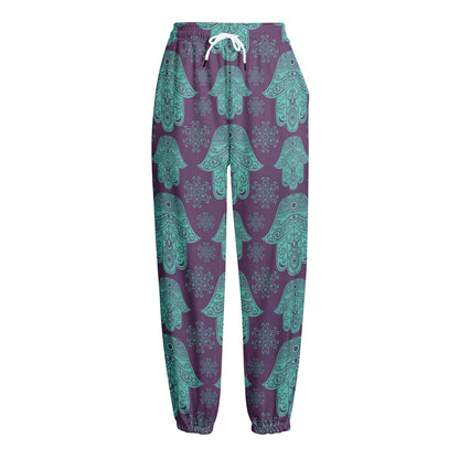 Turquoise Hamsa Pattern Print Fleece Lined Knit Pants