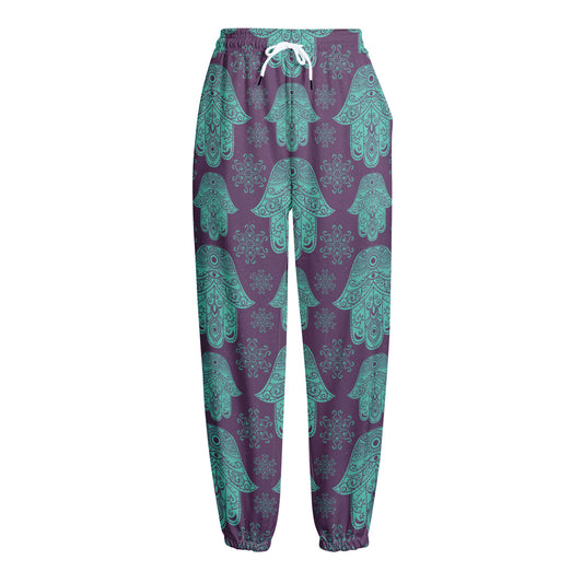 Turquoise Hamsa Pattern Print Fleece Lined Knit Pants