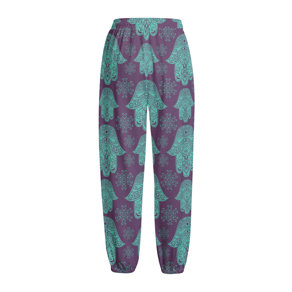 Turquoise Hamsa Pattern Print Fleece Lined Knit Pants
