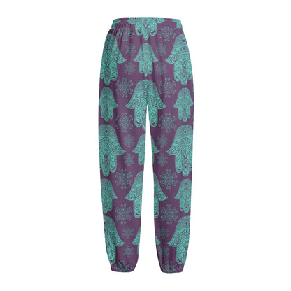 Turquoise Hamsa Pattern Print Fleece Lined Knit Pants