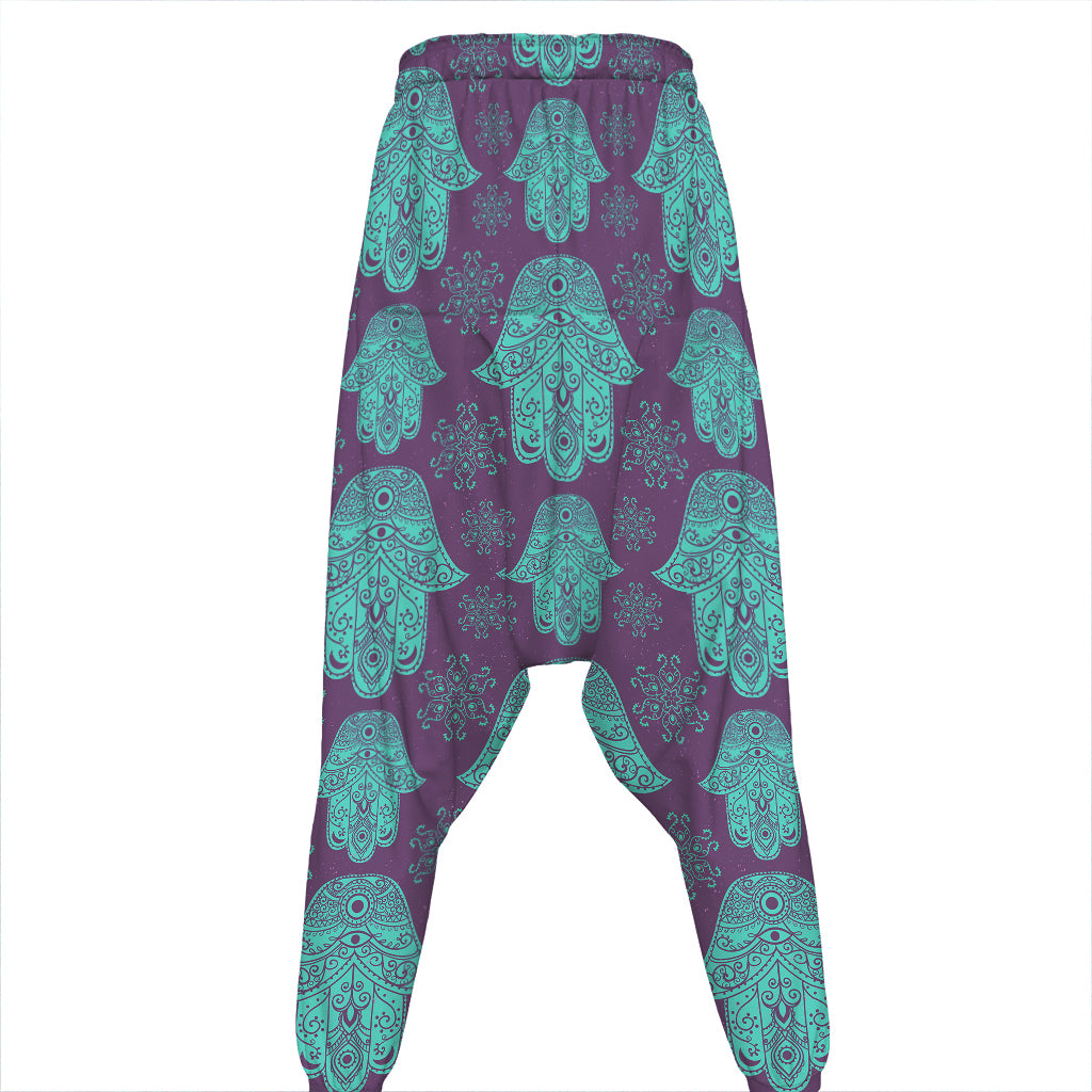 Turquoise Hamsa Pattern Print Hammer Pants
