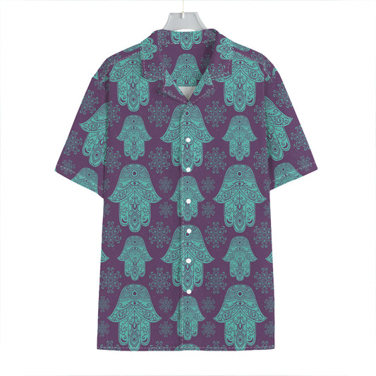 Turquoise Hamsa Pattern Print Hawaiian Shirt
