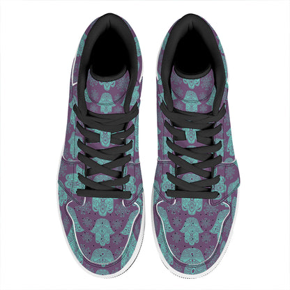 Turquoise Hamsa Pattern Print High Top Leather Sneakers