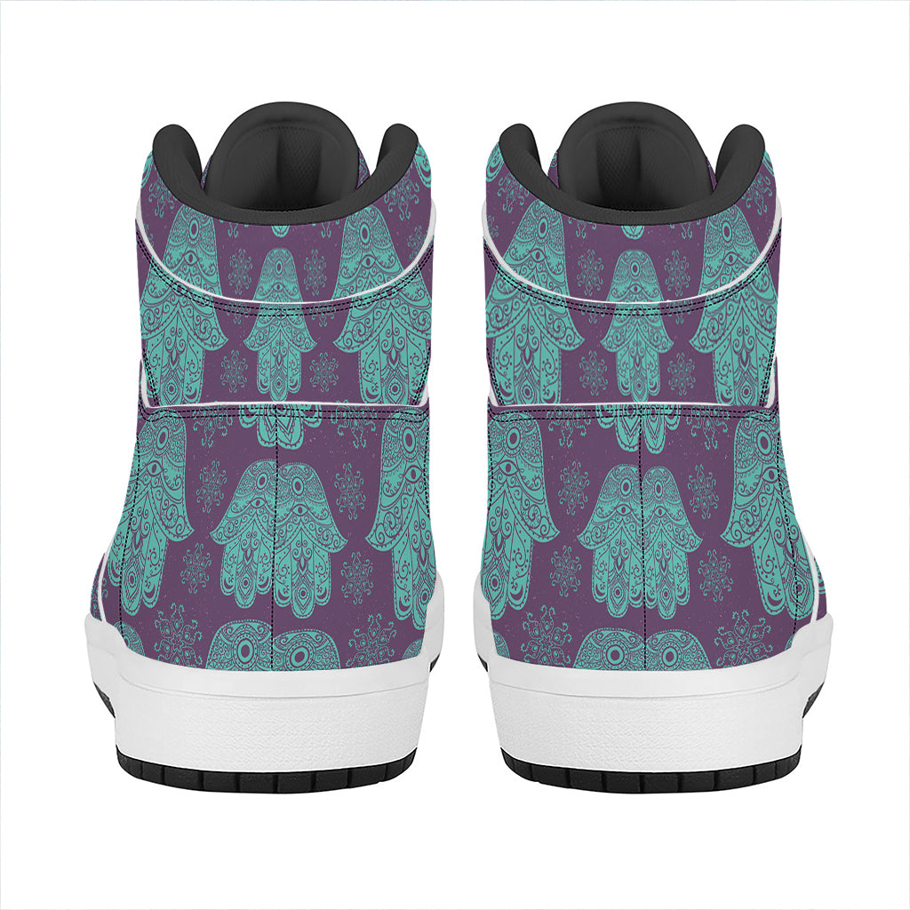 Turquoise Hamsa Pattern Print High Top Leather Sneakers