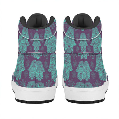 Turquoise Hamsa Pattern Print High Top Leather Sneakers