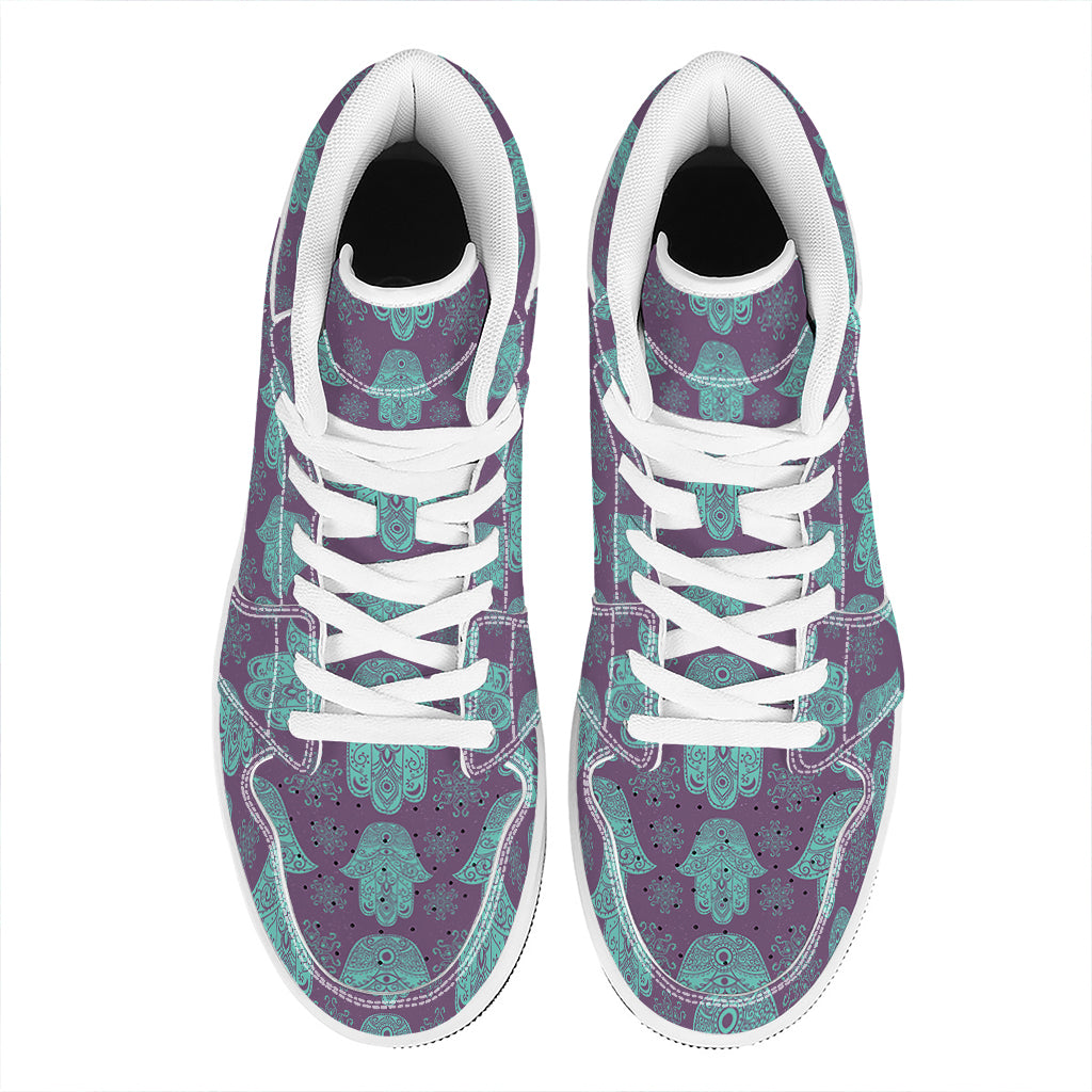 Turquoise Hamsa Pattern Print High Top Leather Sneakers