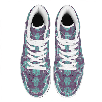 Turquoise Hamsa Pattern Print High Top Leather Sneakers