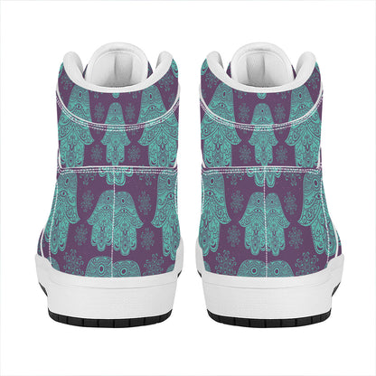 Turquoise Hamsa Pattern Print High Top Leather Sneakers