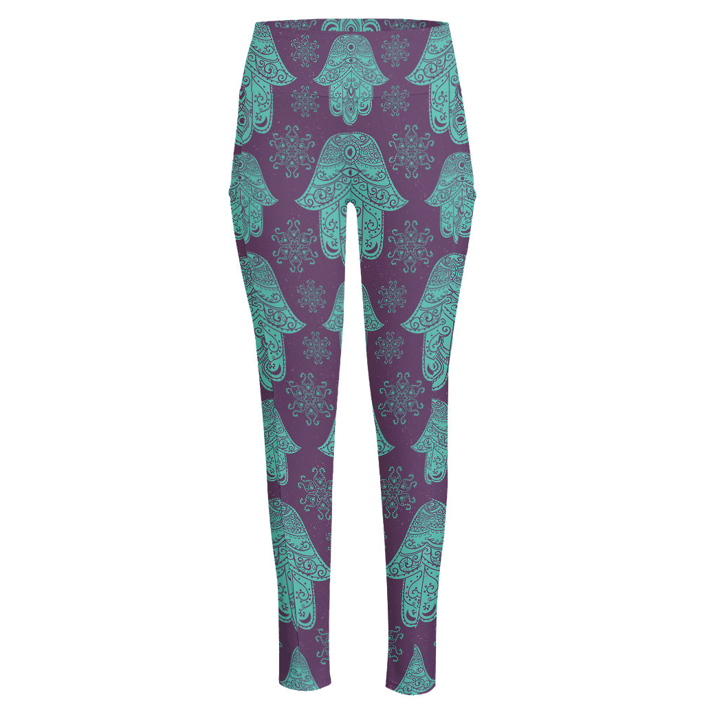 Turquoise Hamsa Pattern Print High-Waisted Pocket Leggings