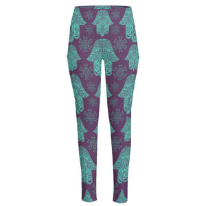 Turquoise Hamsa Pattern Print High-Waisted Pocket Leggings