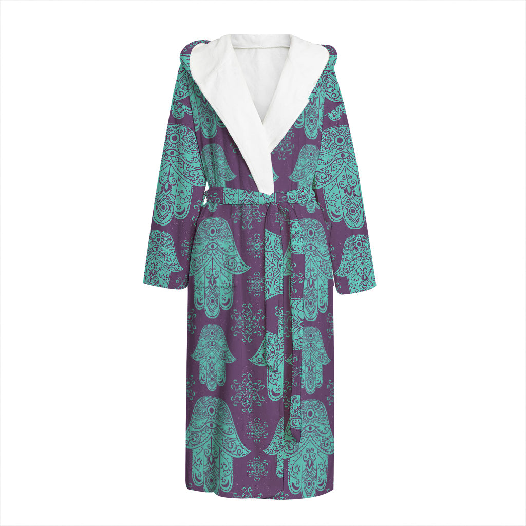 Turquoise Hamsa Pattern Print Hooded Bathrobe