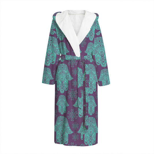Turquoise Hamsa Pattern Print Hooded Bathrobe
