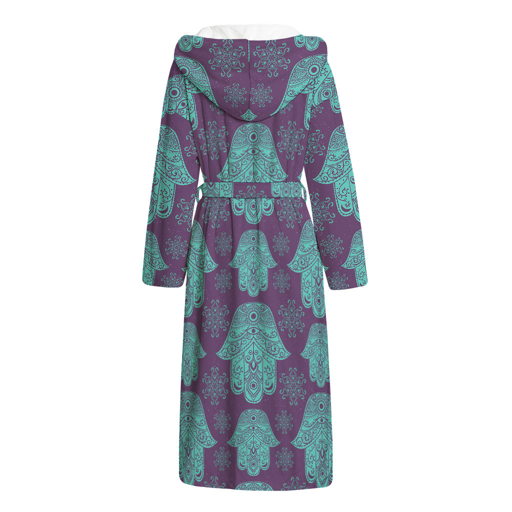Turquoise Hamsa Pattern Print Hooded Bathrobe