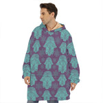 Turquoise Hamsa Pattern Print Hoodie Blanket