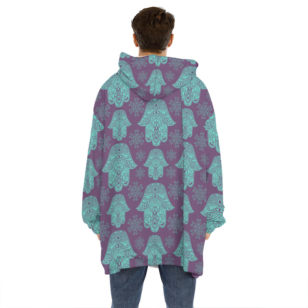 Turquoise Hamsa Pattern Print Hoodie Blanket