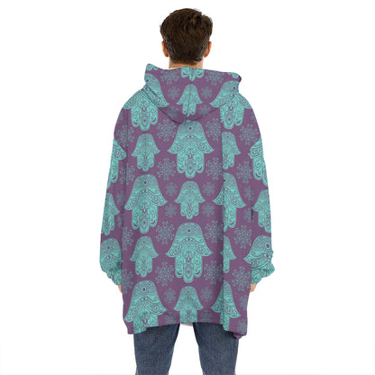 Turquoise Hamsa Pattern Print Hoodie Blanket