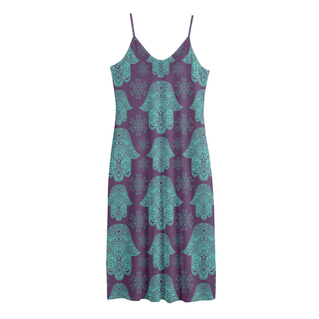 Turquoise Hamsa Pattern Print Jersey Midi Cami Dress