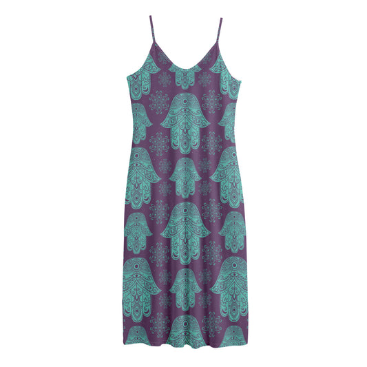 Turquoise Hamsa Pattern Print Jersey Midi Cami Dress