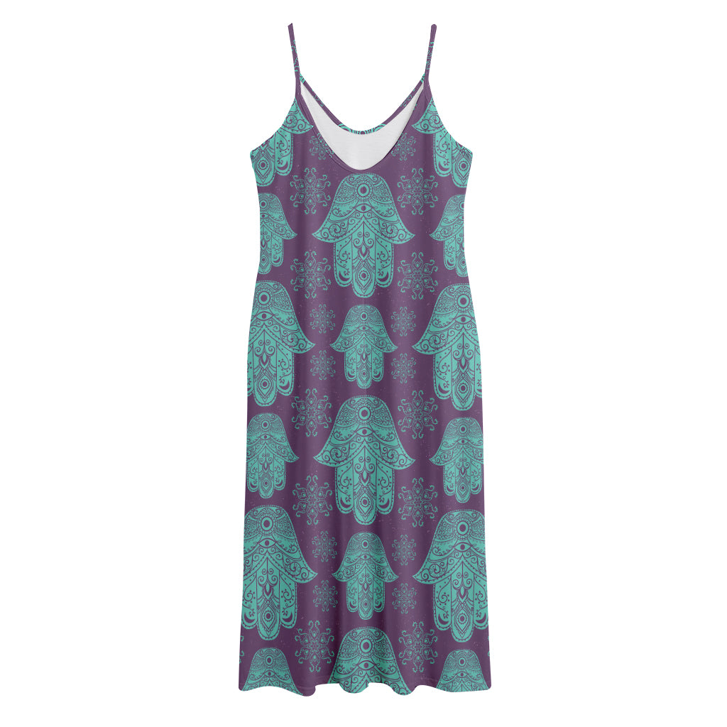 Turquoise Hamsa Pattern Print Jersey Midi Cami Dress