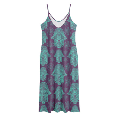 Turquoise Hamsa Pattern Print Jersey Midi Cami Dress