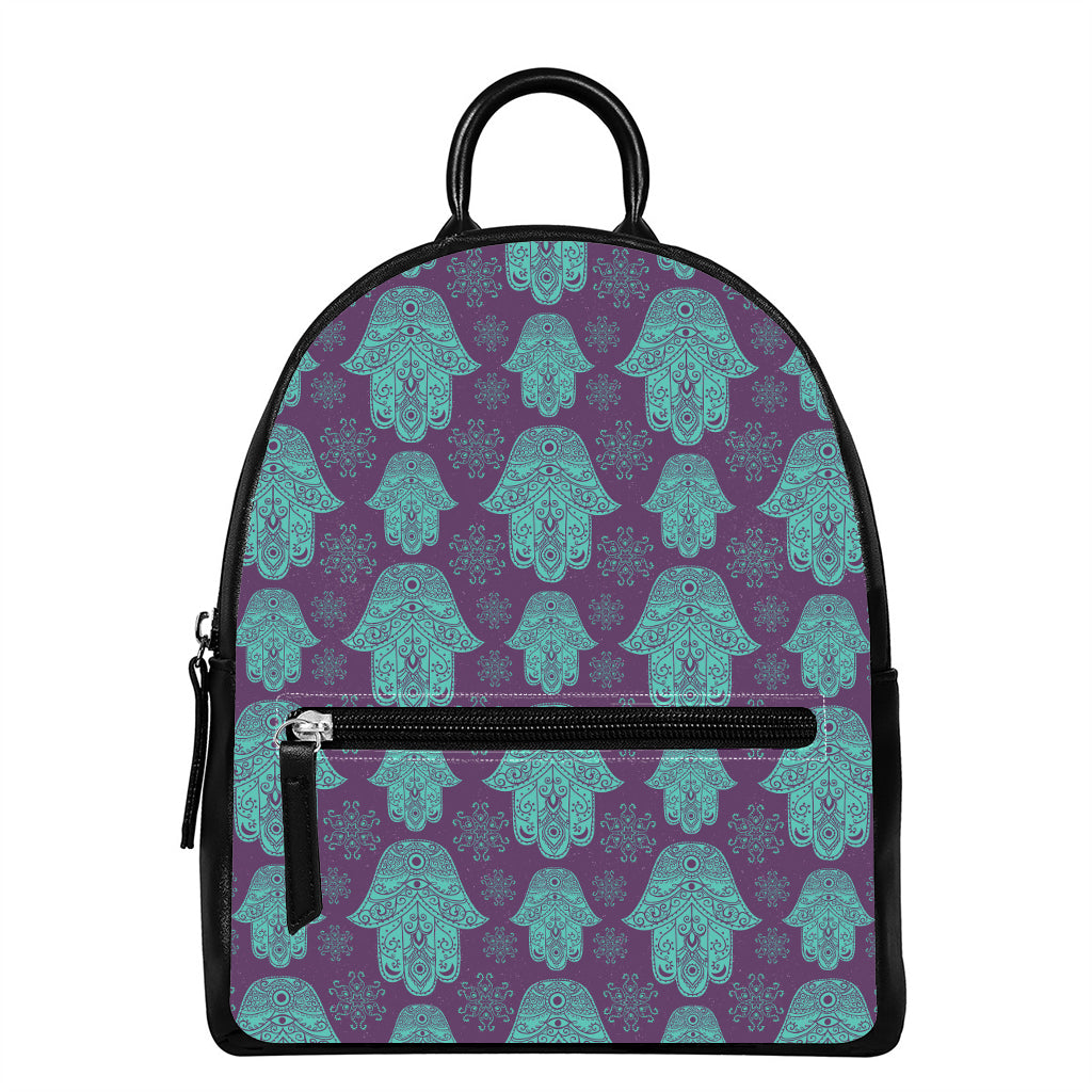 Turquoise Hamsa Pattern Print Leather Backpack