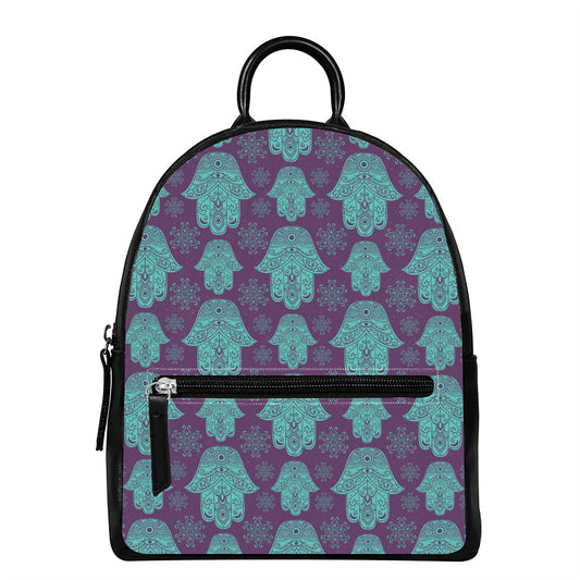 Turquoise Hamsa Pattern Print Leather Backpack